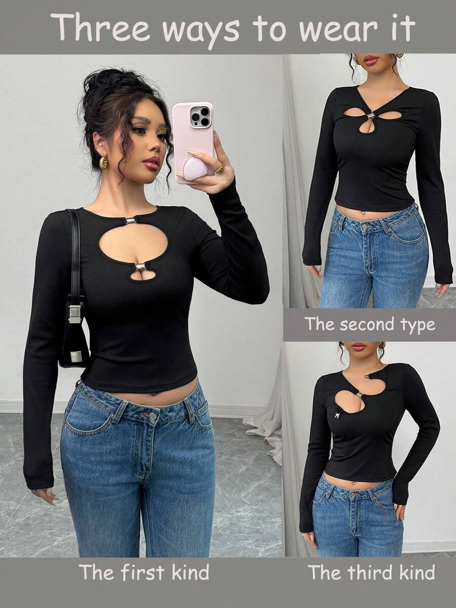 Modelyn 女士黑色针织短款金属纽扣 T 恤 - 黑色 - 查看 1