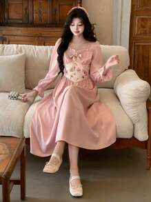 DAZY Women's Patchwork Collar Bowknot Frill Trim Mid-Length Dress,Fall Dress Long Sleeve Dress - Pink - View 1