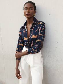 SHEIN Privé 全身动物印花落肩衬衫 女士纽扣衬衫 - 藍色 - 查看 5