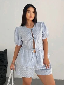 POPSWAY 2pcs/Set Plus Size Front Tie Short Sleeve Plaid Minimalist Top And Shorts - Multicolor - View 4