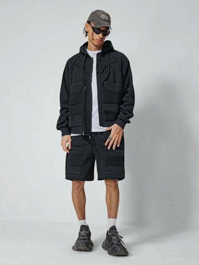 Street Life Men's Solid Color Long Sleeve Zip Front Hooded Sweatshirt & Shorts 2pcs Casual Suit