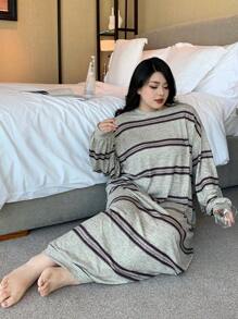 Dazy Plus Camisón de manga larga recta holgado con cuello redondo y rayas, apto para todas las estaciones, talla grande