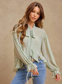 WESTFADE Neck Scarf Tie Ruffle Babydoll Long Bow Sleeve Crop Top, Spring Summer Vacation For Cowgirl