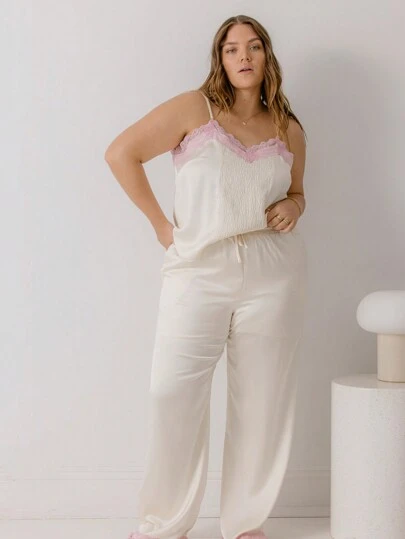 Aralina Curve Satin Lace Trim Valentines Shirred Front Silky Cami Loose Drawstring Lounge Pants