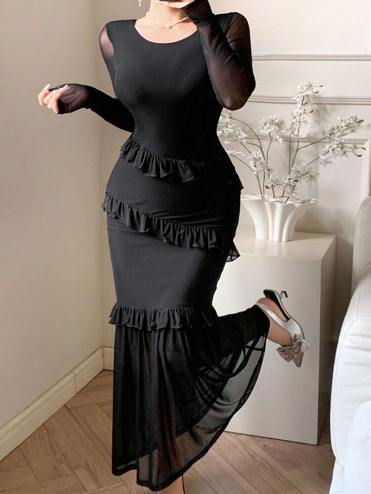 Women Asymmetrical Mesh Patchwork Ruffle Hem Mid-Length Dress,Fall Dress Long Sleeve Dress Maxi Dress