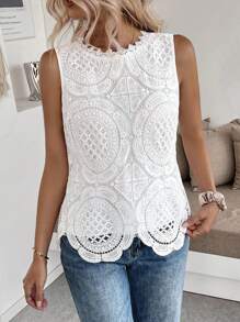 Breezaya Summer Westren Wear Women/Boho/Bohemian/Festival Solid Color Hollow Flower Pattern Fashionable Sleeveless Blouse For WomenAlso Suitable For Dating Commute Multiple Occasions Wear