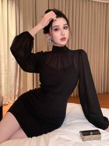 DAZY Women Mesh Patchwork Long Sleeve Stand Collar Minimalist Mid-Length Dress,Fall Dress - Black - View 1