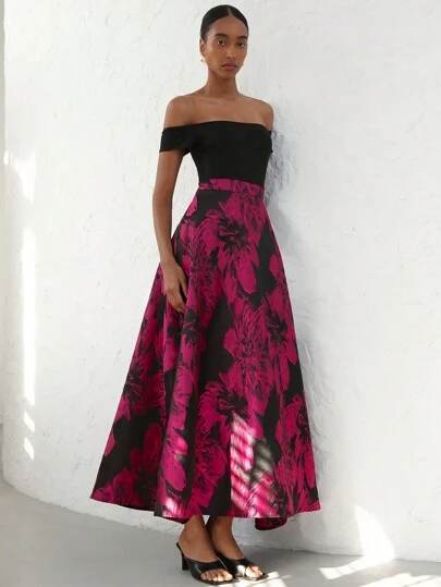Aveloria Modichic Đầm dài họa tiết Jacquard trễ vai cổ điển thanh lịch ôm sát màu sắc nhã nhặn dành cho nữ
