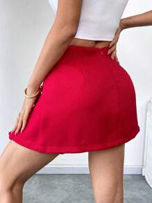 Chiquease 女士优雅A字蝴蝶结荷叶边迷你裙，梭织面料，休闲可爱，显瘦，适合庆典、情人节、返校季，纯色 - 紅色 - 查看 2