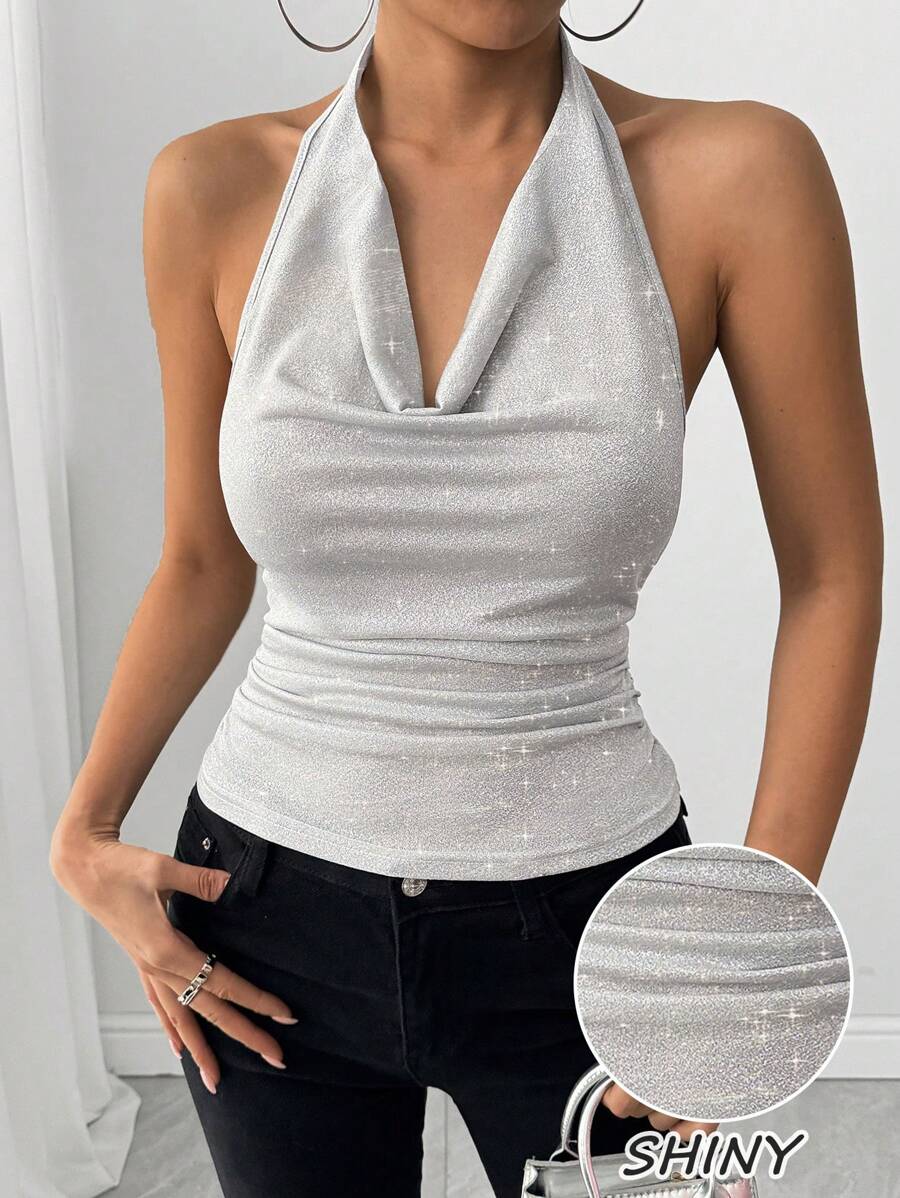 Chiquease Áo ba lỗ không tay thời trang dành cho nữ, áo ba lỗ hở lưng xếp ly gợi cảm với chất liệu vải bóng, phù hợp cho mùa xuân và mùa hè - Màu be - Xem 1