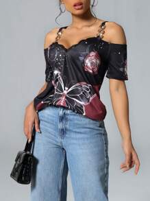 SHEIN LUNE 性感露肩修身 T 恤，带蕾丝花边领口 - 玫紅色 - 查看 6