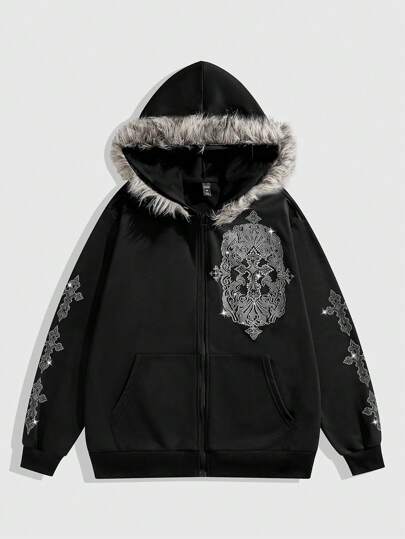 Grunge Punk Men's Long Sleeve Cross Print Zip-Front Hooded Sweatshirt