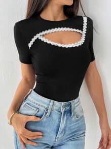 Chiquease Camiseta de moda de mujer con escote redondo, manga corta, con aplicación decorativa y diseño calado