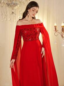 Modelyn Women's Long Off Shoulder Chiffon Embroidered Elegant Ruffle Sleeve Dress, Spring/Summer - Red - View 4