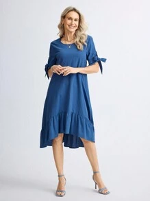 Miaspire Vestido casual sencillo de mujer con cuello redondo, manga corta y plisado en color liso