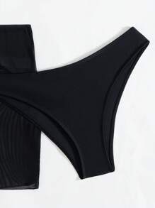 SHEIN Swim 3 Pieces Set Metallic Gold Decor Bandeau Bra, Swimshort And Mini Skirt, Solid Color Summer Beach Bikini Swimwear For Women - Black - View 5