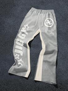 Manfinity EMRG Men's Color Block Letter Graphic Drawstring Waist Sweatpants, For Rave - Light Grey - View 2