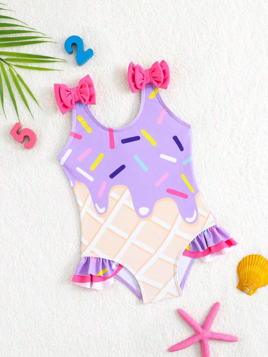 Baby Girl Sweet Bow Decor Cute Onepiece Swimsuit, Beach Vacation - Multicolor - View 1