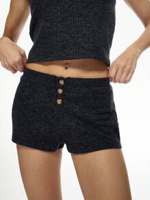 MISSGUIDED Ribbed Knit Co-Ord Set Button Front Sleeveless Crop Top High Waist Shorts Two Piece Loungewear Athletic Summer Set - Dark Grey - View 5