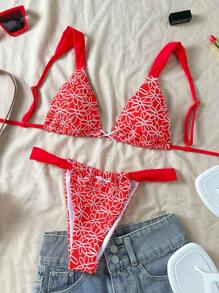 Swim Mod 2 件套提花纹理女士海滩度假蝴蝶装饰比基尼套装 - 紅色 - 查看 1