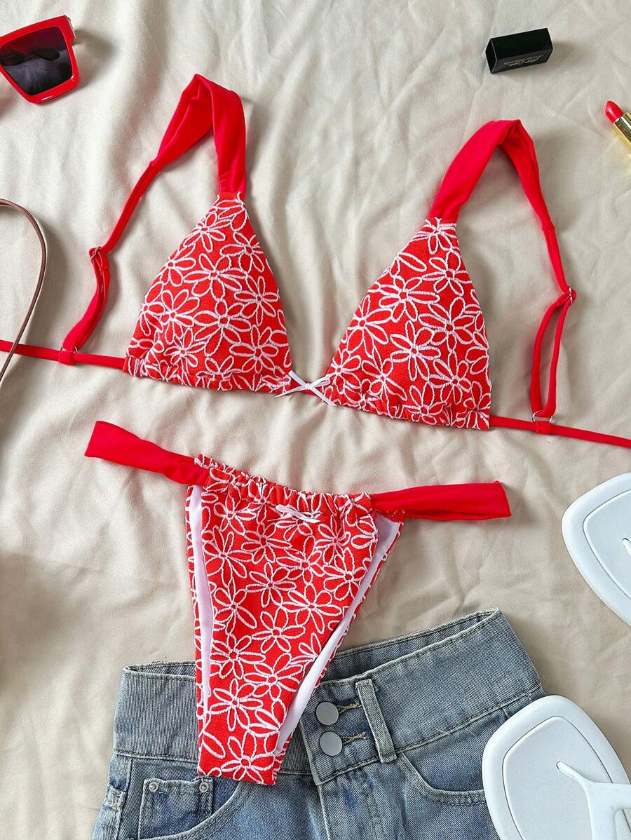 Swim Mod 2 件套提花纹理女士海滩度假蝴蝶装饰比基尼套装 - 紅色 - 查看 1