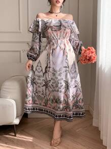 DAZY Beige Floral Print Off Shoulder Full Flare Dress For Women,Long Sleeve Ruffle Hem Self Tie Waist Autumn Boho Holiday Tea Party Vacation Outfits - White - View 6