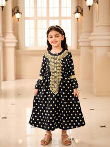 SHEIN Spring/Autumn Girls Modest Modest Elegant Print Floral Trim Long Sleeve Round Neck Dress - Black - View 1