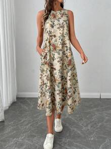 SHEIN LUNE Vestido midi de línea A sin mangas con cuello redondo y estampado floral retro, casual y elegante