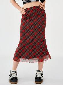 SHEIN Tween Girls Spring Back To School Plaid Burgundy Fitted Mermaid Skirt - Burgundy - View 1