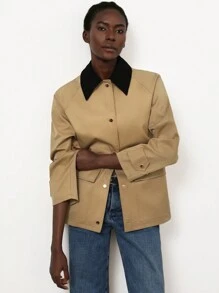 Aveloria Modichic Color Block Casual High-End Minimalist Workwear Style Corduroy Patchwork Lapel Flap Pocket Long Sleeve Loose Women Jacket - Khaki - View 6