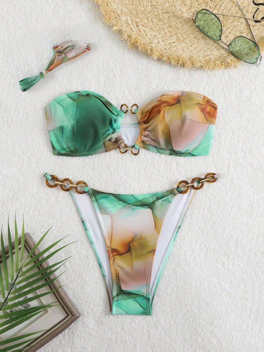 Conjunto de bikini sexy de 2 piezas con tirantes finos y cadena decorativa, estampado aleatorio para primavera, para mujeres - Multicolor - Ver 1