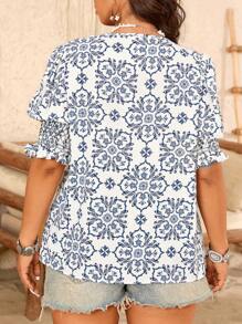 SHEIN Clasi Plus Size V-Neck Short Sleeve Casual Printed Shirt - Blue - View 2