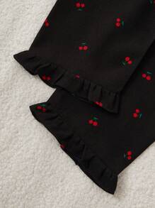 时尚女童荷叶边领泡泡褶皱樱桃印花睡衣套装 - 黑色 - 查看 7