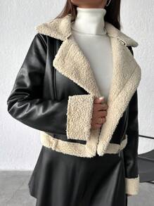 EURMUSE Teddy Lined Zip Up Moto Jacket - Black - View 5