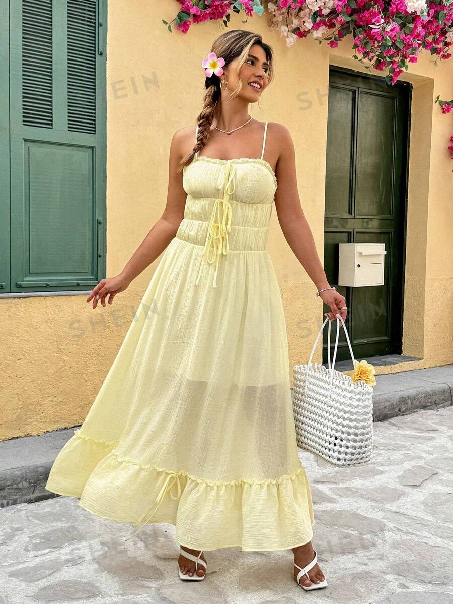 Franclia Vestido de talla grande con estilo francés, elegante, con tirantes de encaje y lazo en la cintura