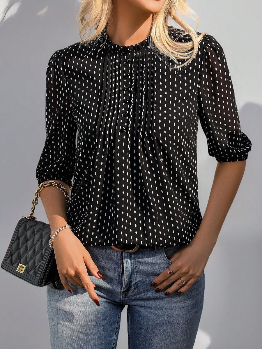 EMERY ROSE 中年女士雪纺中袖衬衫，夏季休闲衬衫，适合中老年人 - 黑色 - 查看 1