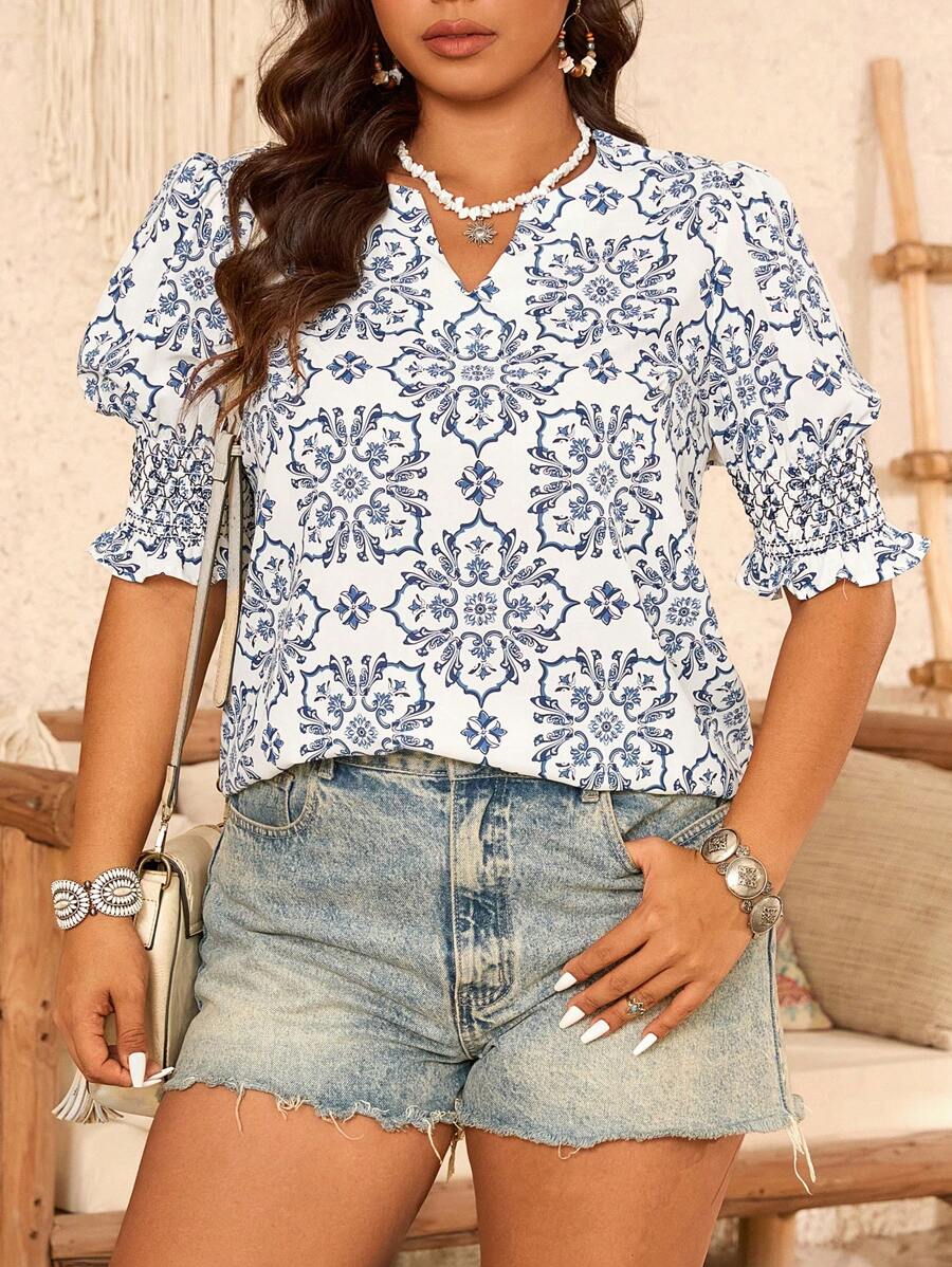 SHEIN Clasi Plus Size V-Neck Short Sleeve Casual Printed Shirt - Blue - View 1