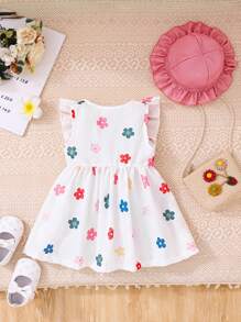2pcs Baby Girl Cute Bow & Floral Ruffles Decor White Dress & Hat Set, Suitable For Spring/Summer Holiday And Outdoor Play - White - View 2