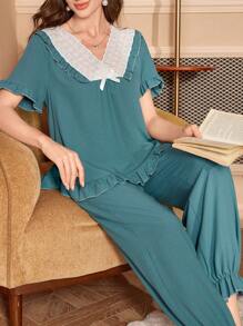 Pigiama donna con top a maniche corte scollo a V con volant e pantalone lungo, in colori a contrasto - Menta Verde - Visualizzare 3