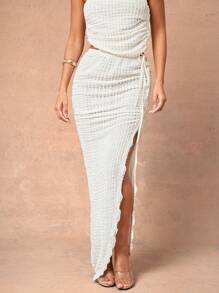 L'Amorae Asymmetric High Slit Crochet Ruched Vacation Maxi Skirt, Spring Summer For Women - Apricot - View 5