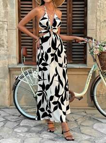 Chiquease Casual Elegant Print Halter Tie Backless Front Round Ring Decor Women Dress