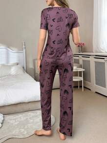 Heart & Letter Print Casual Short Sleeve Top & Pants Pajamas Set - Multicolor - View 2