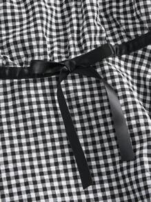 ROMWE Kawaii Spring|Summer Carnival Casual Plaid Girly Bowknot Decor Square Collar A-Line Plaid Babydoll Blouse - Black - View 4