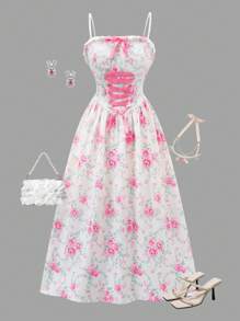 SHEIN Teen Girls' Ditsy Floral Camisole Cinched Waist Dress, Sweet Vacation Country Style, Girls' Princess Clothing Suit For Wedding Season, And Cute Design, Floral/Partial Decor - Multicolor - View 2