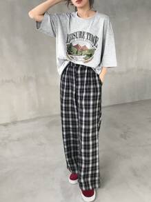 FRIFUL Women Casual 2 Pieces Set: T-Shirt & Plaid Pants, Graphic Print, Summer Lounge Sets For Women - Grey - View 8