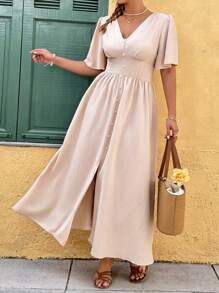 Flirla Plus Size Solid V-Neck Short Sleeve Slit Hem Casual Long Dress - Apricot - View 5