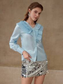 MOTF PLEATED RUFFLE TRIM BLOUSE,SPRING/SUMMER - Blue - View 3