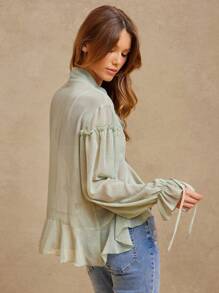 WESTFADE Neck Scarf Tie Ruffle Babydoll Long Bow Sleeve Crop Top, Spring Summer Vacation For Cowgirl