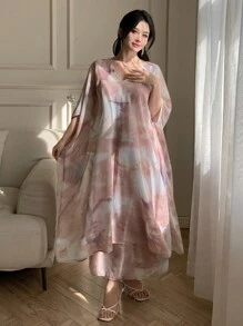 DAZY 2 件套女士扎染印花蝙蝠袖连衣裙和夹克套装 - 粉色 - 查看 6