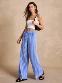 Poéselle Women Casual Striped Floral Embroidered Wide Leg Pants - Blue and White - View 4